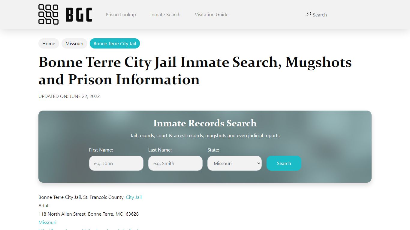 Bonne Terre City Jail Inmate Search, Mugshots, Visitation ...