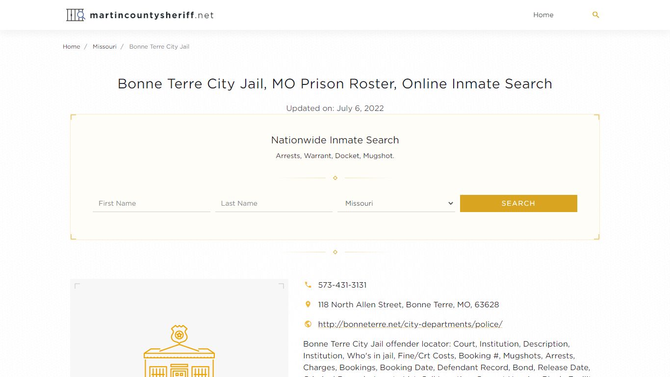 Bonne Terre City Jail, MO Prison Roster, Online Inmate Search